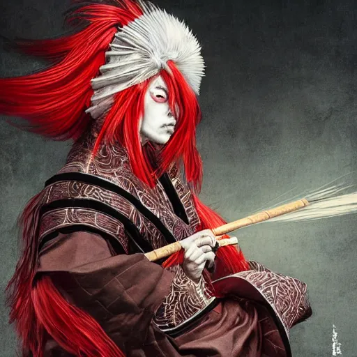 Image similar to an epic portrait of insane kabuki male wielding a spear covered in a distorting aura, intricate hakama, poofy red wig, eerie, highly detailed, dark fantasy, art by artgerm and greg rutkowski