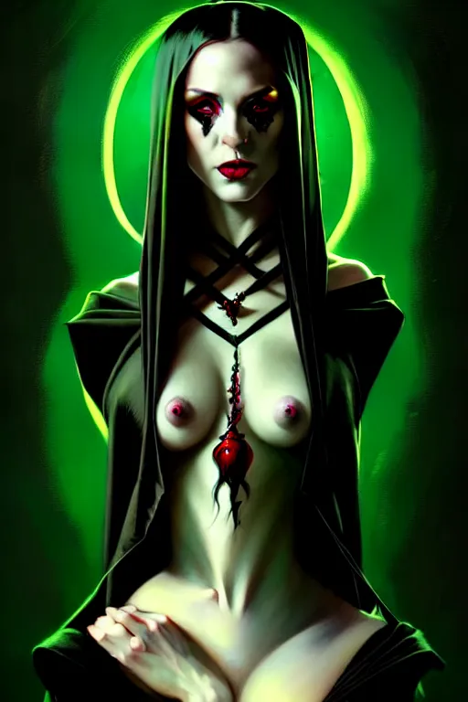 Image similar to portrait of a dark fantasy seductive female necromancer, stylish black dress, green eyes, long red hair, fantasy, elegant, intricate, full frontal shot, highly detailed, digital painting, artstation, concept art, sharp focus, illustration, art by artgerm and greg rutkowski and alphonse mucha
