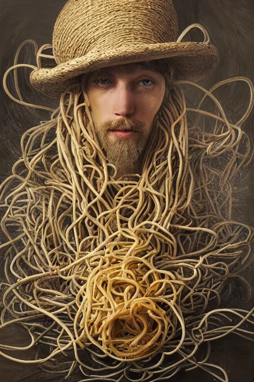 Image similar to The flying spaghetti Monster, oil on canvas, intricate, portrait, 8k highly professionally detailed, HDR, CGsociety