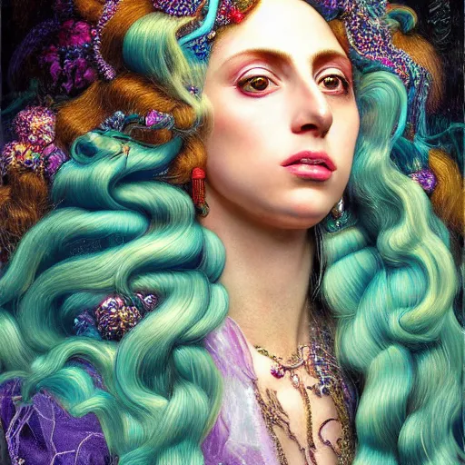 Image similar to photo realistic, hyper realism, lady gaga artpop act ii album, intricate detail, hyper detail, gaston bussiere, sandro botticelli style, with neon aqua rapunzel dreadlocks, detailed, masterpiece, sharp focus,