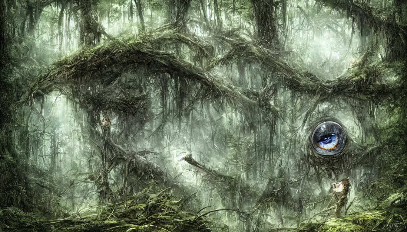 Image similar to a big eye floats above the ground in a dense forest, illustration by john taylor dismukes and dave lafleur, luis royo, smooth shading, ultra detailed, high resolution, chrome art, rich deep colors