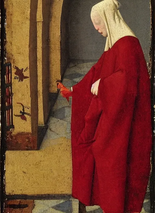 Image similar to Flying Fallen Angel dressed in red, Medieval painting by Jan van Eyck, Johannes Vermeer, Florence