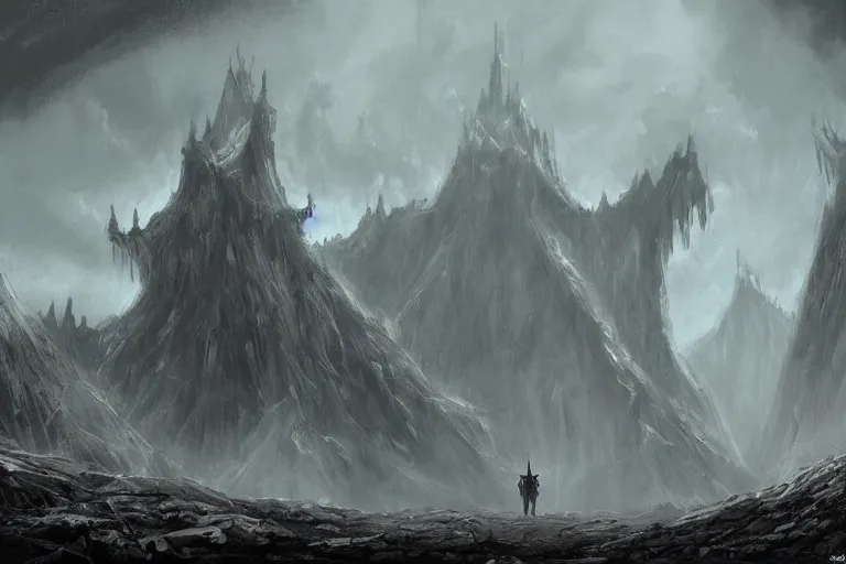 Prompt: concept art mood painting environment painting man walking towards minas morgul ominous dark spectral fortress lord of the rings. style of, ryan church, jon mccoy, george hull, painting