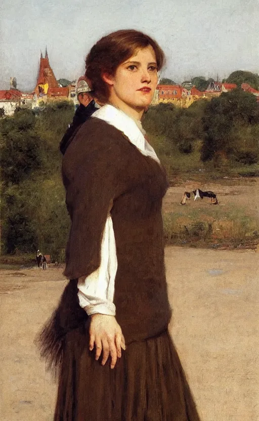 Prompt: portrait by eugen von blaas! woman!! short brown hair!! fuzzy hair! looking away!! train station in the background!!!