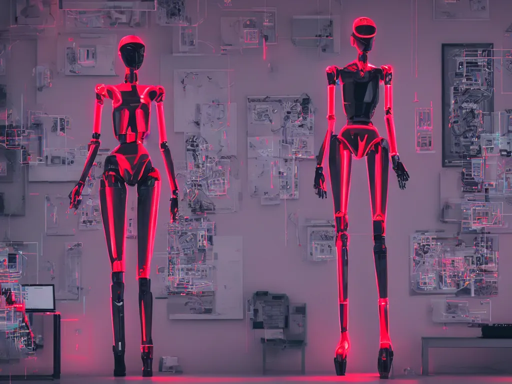 Image similar to beautiful tall female robot printed with red and black 3 d geometrical neon guarding a wall of computers!!!!!!!!!! + flowering vaporwave orchids!!!, transcendent, clean linework, dramatic, finely detailed, 4 k, trending on artstation, photorealistic, award winning, rule of thirds, volumetric lighting, octane render