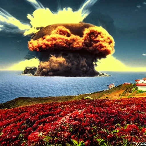 Image similar to madeira island nuked by a nuclear bomb, cloud shroom, cinematic shot, realistic, hdr, color, wide shot