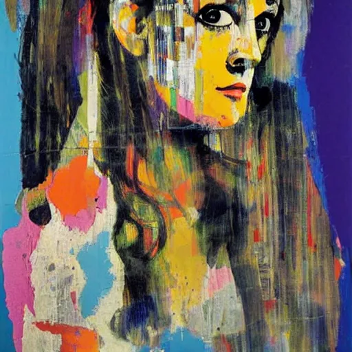 Image similar to portrait of a woman with long hair by mimmo rotella, colorful,