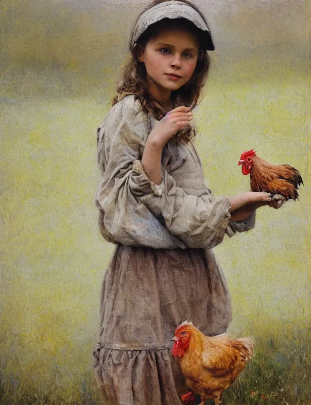 Image similar to portrait of little peasant girl holding a chicken, cottage core, cinematic focus, polaroid photo bleached vintage pastel colors high - key lighting, soft lights, foggy, by steve hanks, by lisa yuskavage, by serov valentin, by tarkovsky, 8 detailed, oil on canvas