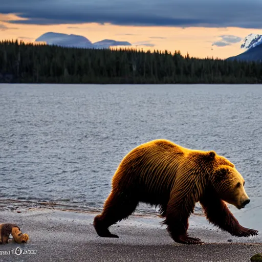 Image similar to kodiak bears kung - fu fighting on a lakefront using salmon as weapons, dusk, 8 k, hdr, cinematic, rule of thirds,