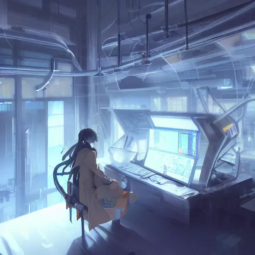 Image similar to in the hightech laboratory full of different advanced metal equipments very high details, volumetric fog, raytracing anime style girl in labcoat, fantastic details, anime art, trending on artstation, pixiv, makoto shinkai key visual kyoto animation studio ghibli tran ross and alphonse mucha and wlop concept art