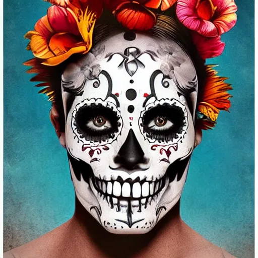 Prompt: A highly stylized digital HD photorealistic rendering of the face of a tattooed Day of the Dead skull smiling head and shoulders three-quarters view, with flowers, intricate patterns on face, on a poster promoting AI art