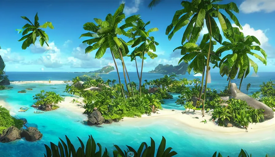 Image similar to tropical island with palms, drone view, top lighting, art by artgerm and charlie bowater and wenjun lin and gil elvgren, ilya kuvshinov, mary jane ansell, cryengine, lumion render, 8 k realistic, hyper detailed, digital painting, artstation, concept art, ray tracing, realistic shaded