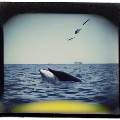 Image similar to a polaroid picture of a whale swimming under the sea, aquatic helicopters flying around the whale