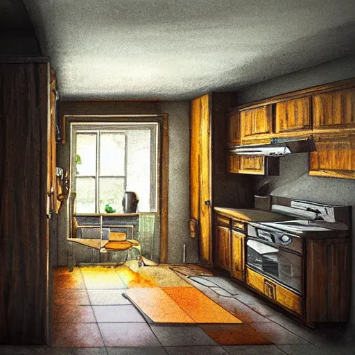 Prompt: A kitchen from an ant's perspective, photorealistic