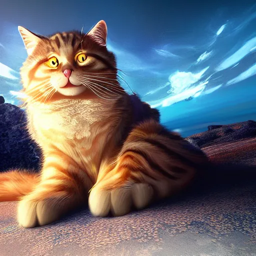 Prompt: colossal fluffy tabby cat, golden hour, fantasy, vivid colors, sharp focus, digital art, hyper - realistic, 4 k, unreal engine, highly detailed, hd, dramatic lighting by brom, trending on artstation