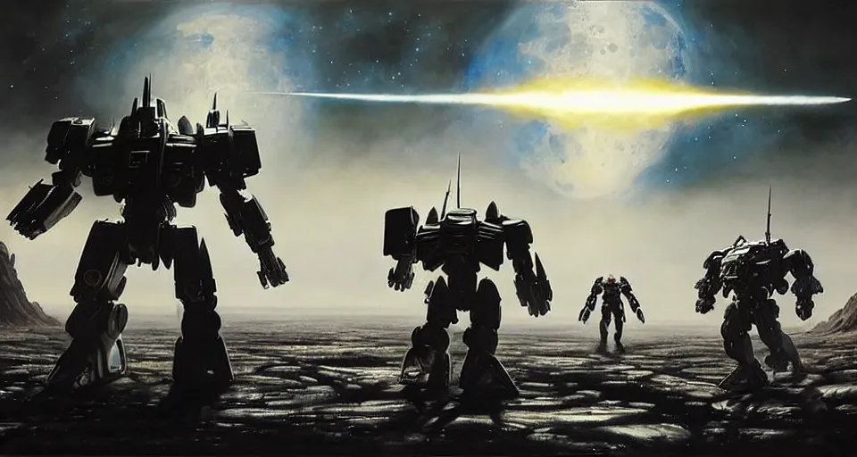 Prompt: hyper realistic sci - fi matte concept art painting of epic cinematic battle between michael bay transformer mecha fighting on the moon, guns, missiles, explosions, beautiful details, strong composition painted by kim jung guweta studio rutkowski, james gurney and greg rutkowski, and lucasfilm, smooth, intricate, detailed, sharp focus, cinematic