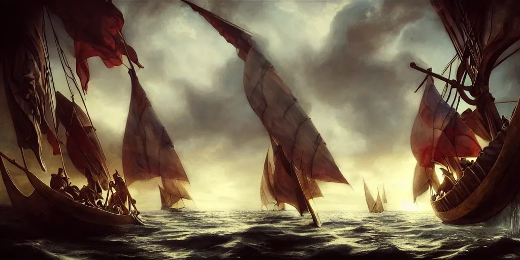 Image similar to vikings sailing a longship, by Rolf Armstrong and Evelyn De Morgan and Bastien Lecouffe-Deharme, dramatic lighting, high contrast colors, baroque, empyrean, panoramic view, as trending on Artstation, highly detailed, doom engine,