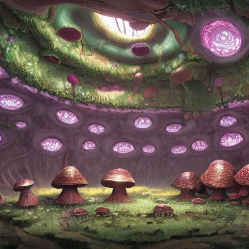 Image similar to concept art painting of a interior of a circular fantasy fungus house made of mushrooms, with black vines, realistic, detailed, cel shaded, magenta and gray, dark, in the style of makoto shinkai and greg rutkowski and james gurney