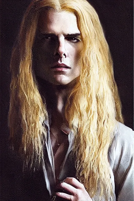 Prompt: regal aristocratic a young!!!, long blond haired tom cruise as the vampire lestat de lioncourt portrait, luxurious indoor setting, atmospheric lighting, painted, menacing, intricate, volumetric lighting, rich deep colours masterpiece, sharp focus, ultra detailed, by leesha hannigan, ross tran, thierry doizon, kai carpenter, ignacio fernandez rios