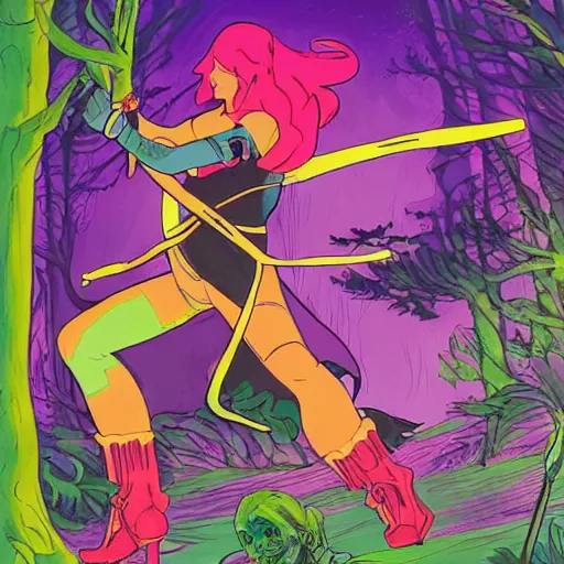 Image similar to comic book cover of a ( woman with long hair swinging ( neon sword ) ) and ( soldier with ( glowing gloves and boots ) ) fighting a ( shadow demon creature ) in a forest, illustration, studio ghibli, inked, epic, fantasy, professional