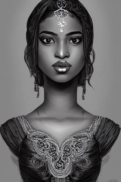 Image similar to A bust of a beautiful black skinned Sri Lankan girl with lovely lips and smooth eyebrows and straight hair, HD, illustration, epic, fantasy, intricate, elegant, amazing detail, digital painting, artstation, concept art, smooth, sharp focus, illustration, art by Turine Tran