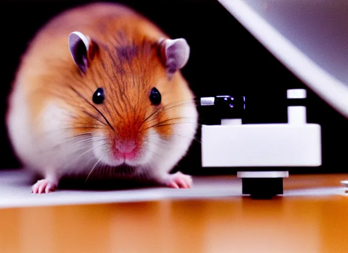 Image similar to film still of a hamster working in a research lab looking through a tiny microscope, 8 k