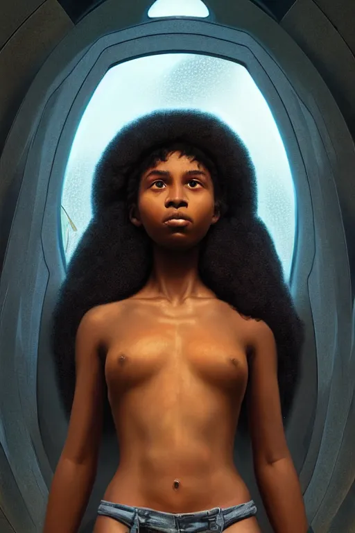 Image similar to beautiful and enigmatic afro american girl held captive in a remote research facility. vulnerability and innocence, ultra realistic, sharp details, subsurface scattering, intricate details, warm lighting, beautiful features, highly detailed, photorealistic, octane render, 8 k, unreal engine, art by artgerm and greg rutkowski and alphonse mucha