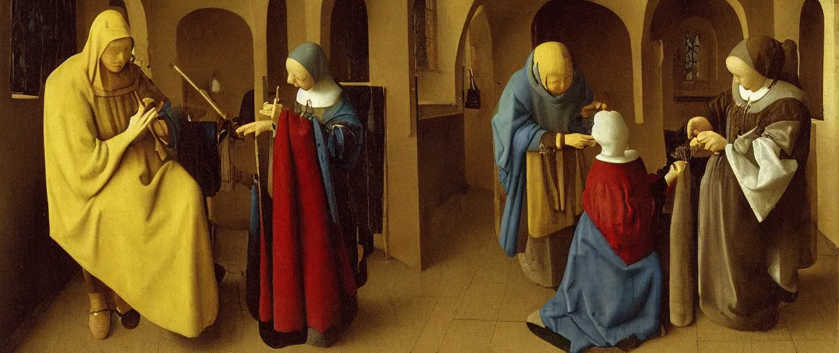 Prompt: A medieval old woman healer treats a boy with herbs, medieval painting by Jan van Eyck, Johannes Vermeer, H 700