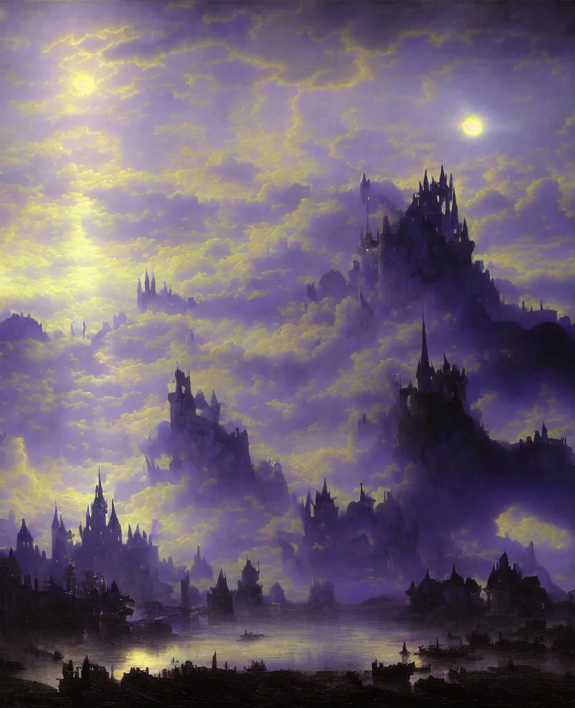 Prompt: beautiful matte airbrush painting of a of a fantasy landscape made of clouds with a european medieval castle made of light in the distance, ispired by gilbert williams, clear painting and good lighting, dark blue and intense purple color palette, mystical fog, art by yoshitaka amano, andreas achenbach, alfons mucha
