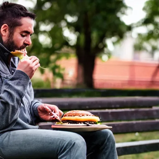 Image similar to a man eating a burger, there are insects in his burger, he is sitting on a bench, he is cross eyed.