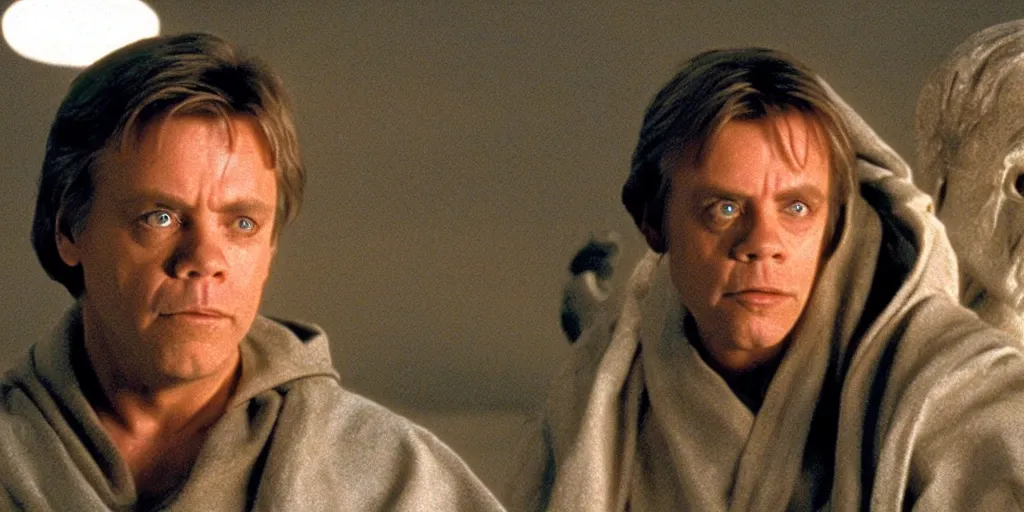 Prompt: A full color still of clean shaven Mark Hamill as Jedi Master Luke Skywalker talking with an alien, there are large windows showing a sci-fi city outside, at dusk, at golden hour, from The Phantom Menace, directed by Steven Spielberg, 1999