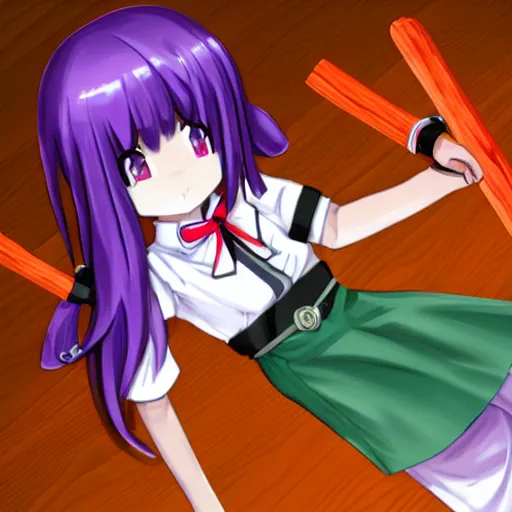 Image similar to Reisen Udongein Inaba, Touhou project, is wearing a white blouse with short sleeves, a red belt, and a blue skirt, Red eyes, long light purple hair, long rabbit ears, Wearing a white blouse, a purple skirt and a red tie, a carrot-shaped clip on the tie, circle eyes, in front, 4k, 2d, high quality, anime artist