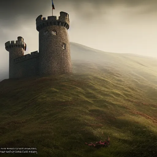 Image similar to a king ruling over a tower of a castle on some hills in england, cinematic, cgsociety, hyper detailed, octane render, unreal engine, foggy, middle of the day, photorealistic