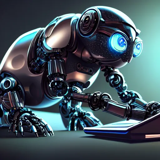 Image similar to a metallic robotic cyborg cat eating a computer mouse, cyberpunk, digital art, 8 k, trending on artstation