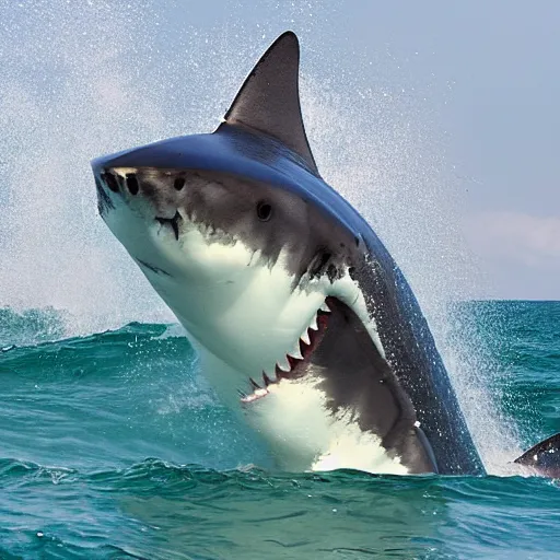 Image similar to great white shark breaching, boat motor churn, churning water, brown opaque water, anxiety, towed towards shark, found footage, oceanic, sea monster, tall waves, catching a glimpse underwater, water surface distortion