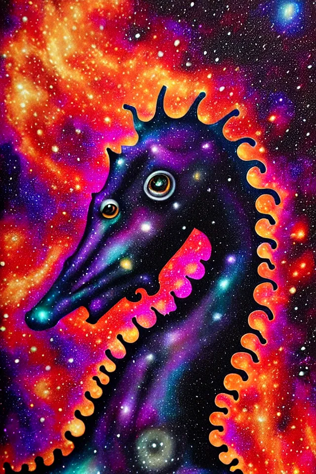 Image similar to a close up portrait of a purple ornate seahorse head statue, orange eyes, black paper, galaxy, nebula, billions of details, beautiful intricate painting by kokaris