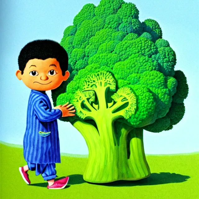 Prompt: professional kids book illustration of a Pakistani toddler boy walking beside a friendly anthropomorphic broccoli, best on artstation,, astonishing, impressive, outstanding, cheerful, stunning, masterpiece by Maurice Sendak, Eric Carle, and Beatrix Potter.