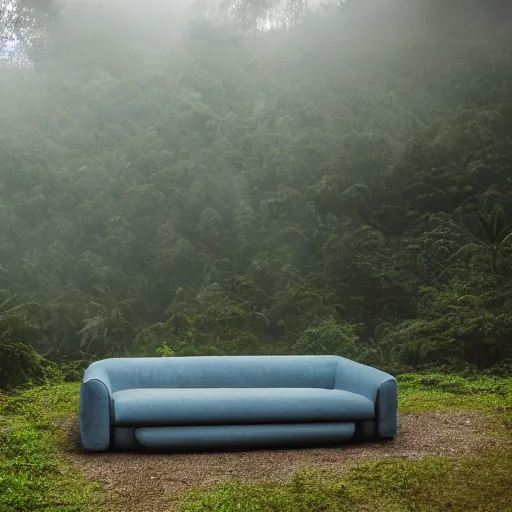 Image similar to a full length portrait of a giant autonomous sofa in a misty rainforest, surrounded by lush ferns and fir trees. surrounded by mountains and clouds and mist. featured on