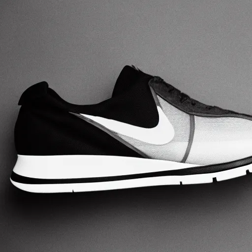 Prompt: a studio photoshoot of A Nike running sneaker designed by Dieter Rams, mesh fabrics, realistic, color film photography by Tlyer Mitchell, 35 mm, graflex