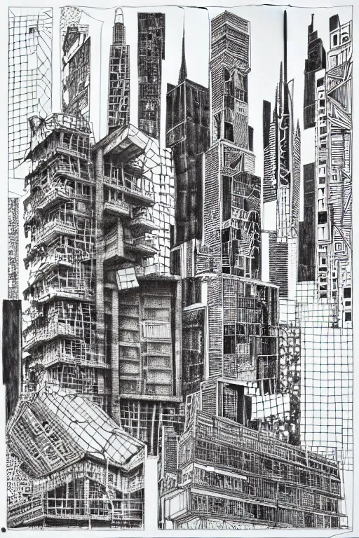 Image similar to a black and white drawing of a building, cityscape, a detailed mixed media collage by hiroki tsukuda and eduardo paolozzi and moebius, intricate linework, sketchbook psychedelic doodle comic drawing, geometric, street art, polycount, deconstructivism, matte drawing, academic art, constructivism