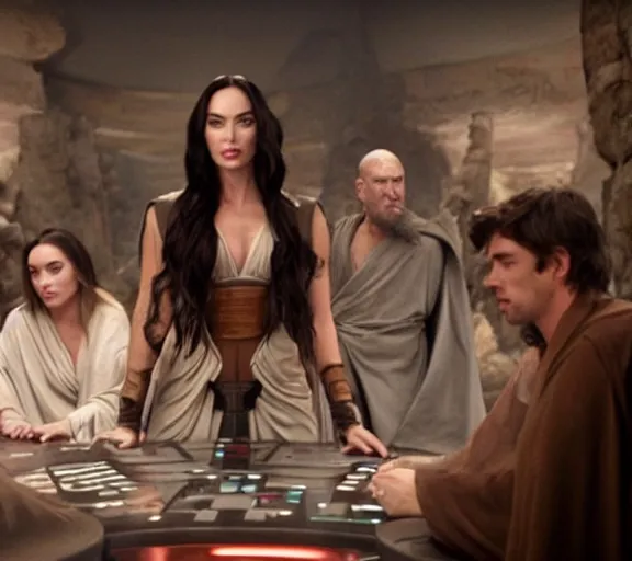 Prompt: Still of Megan Fox on the Jedi Council, Star Wars Unirverse, Cinematic Lighting, beautiful composition, 8K resolution