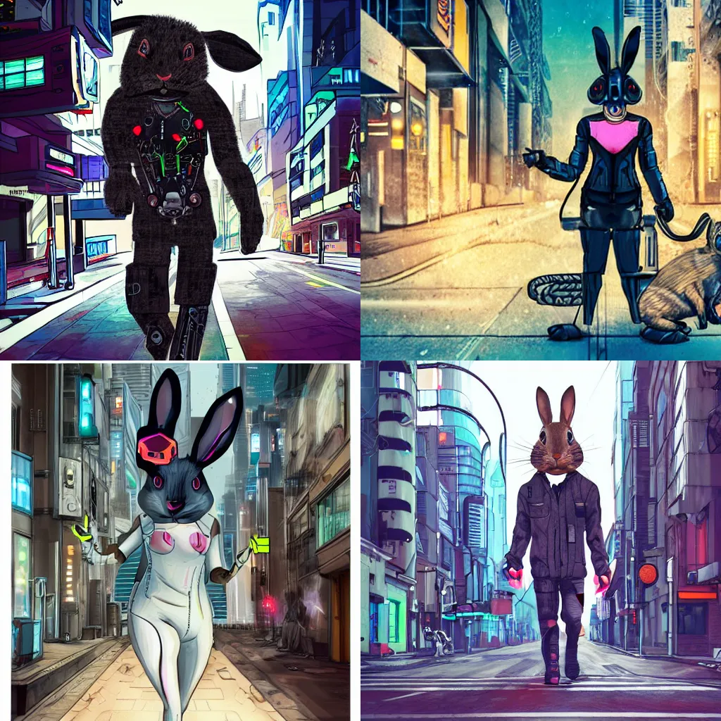 Prompt: realistic portrait of a cyborg rabbit walking on a cyberpunk street