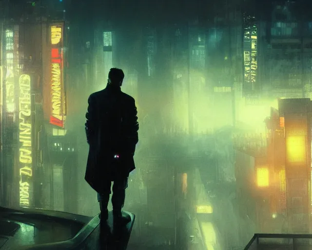 Prompt: 2 0 1 8 blade runner movie still young clint eastwood look at the cityscape from roof perfect face fine realistic face pretty face reflective polymer suit tight neon puffy jacket blue futuristic sci - fi elegant by denis villeneuve tom anders zorn hans dragan bibin thoma greg rutkowski ismail inceoglu illustrated sand storm alphonse mucha