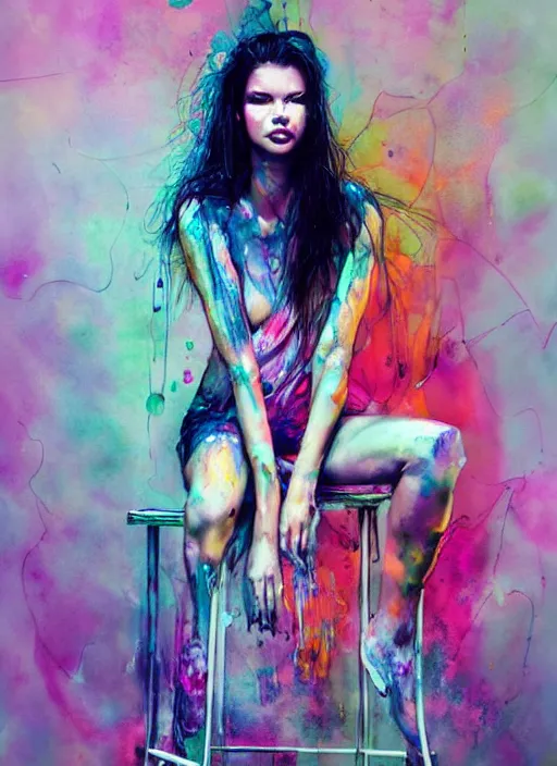 Image similar to adriana lima by agnes cecile enki bilal moebius, intricated details, sitting on a stool, full body portrait, extremely luminous bright design, pastel colours, drips, autumn lights