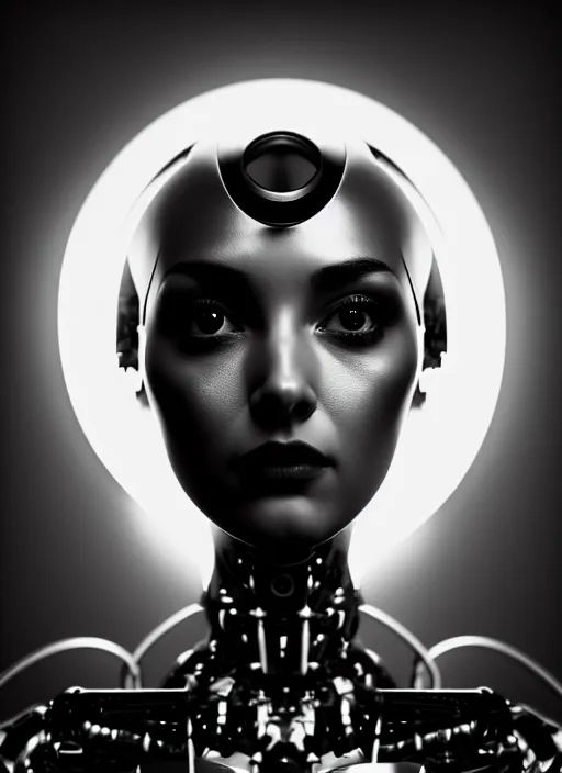 Image similar to surreal mythical dreamy dark artistic black and white fine art fashion portrait photo of a young beautiful delicate female metropolis robot loving the universe, spiritual, halo, glory, rim light, cinematic, studio dramatic light, poetic, masterpiece, octane render, 8 k, photo - realistic by william bouguereau man ray
