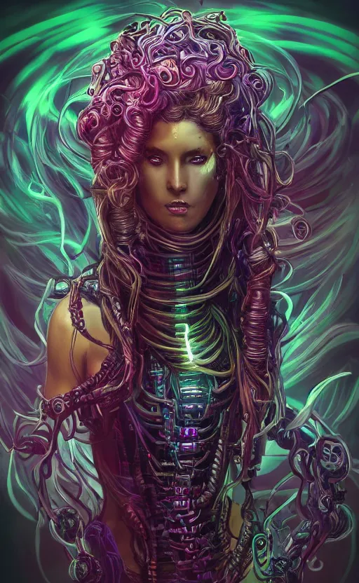 Prompt: An epic fantasy comic book style portrait painting of a very beautiful nebulapunk Medusa with symmetrical facial features and lots of cyberpunk and cybernetic bio-luminiscent snakes as hair, awesome pose, centered, full body, vibrant dark mood, unreal 5, hyperrealistic, octane render, cosplay, RPG portrait, Sci-fi, arthouse, dynamic lighting, intricate detail, cinematic, HDR digital painting, 8k resolution, enchanting, otherworldly, sense of awe, award winning picture, Hyperdetailed, blurred background, airbrush, backlight, 3d rim light, Gsociety, trending on ArtstationHQ, maximalist, dreamscape, Rococo, surreal dark art.