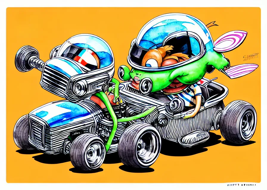 Prompt: cute and funny, ( stripe gremlin ) wearing a helmet riding in a hot rod with oversized engine, ratfink style by ed roth, centered award winning watercolor pen illustration, isometric illustration by chihiro iwasaki, edited by range murata, tiny details by artgerm and watercolor girl, symmetrically isometrically centered