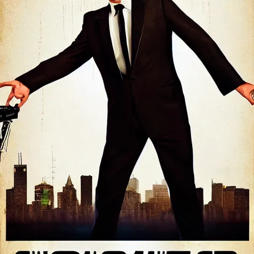 Image similar to weird al yankovich as 007, gritty, movie poster