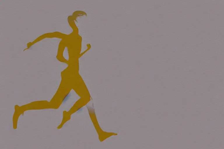 Image similar to beautiful serene running woman, healing through motion, life, minimalistic golden and ink airbrush painting on white background, pristine