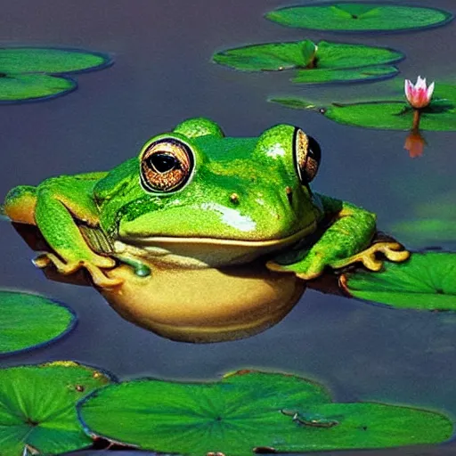 Prompt: close - up of a flirty frog in the pond with water lilies, shallow depth of field, highly detailed, autumn, rain, bad weather, ominous, digital art, masterpiece, matte painting, sharp focus, matte painting, by isaac levitan, by monet, asher brown durand,